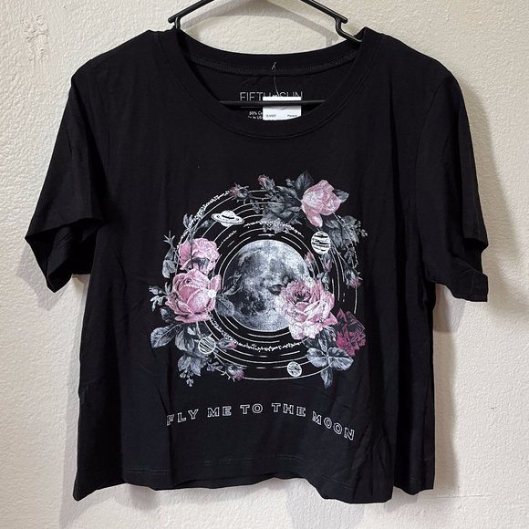 Fifth Sun Tops - Fifth Sun - Fly me to the moon (L) Crop BLK T-shirt